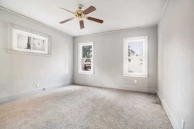 unfurnished room with a ceiling fan, carpet, baseboards, and ornamental molding