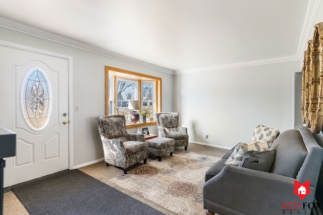 interior space with baseboards, carpet, and ornamental molding