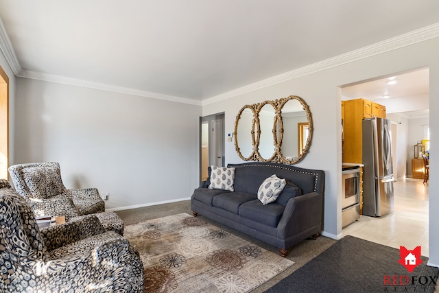 living room with crown molding, light colored carpet, and baseboards