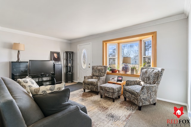 carpeted living area featuring baseboards and crown molding