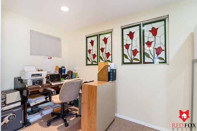 office space featuring recessed lighting, baseboards, and carpet floors