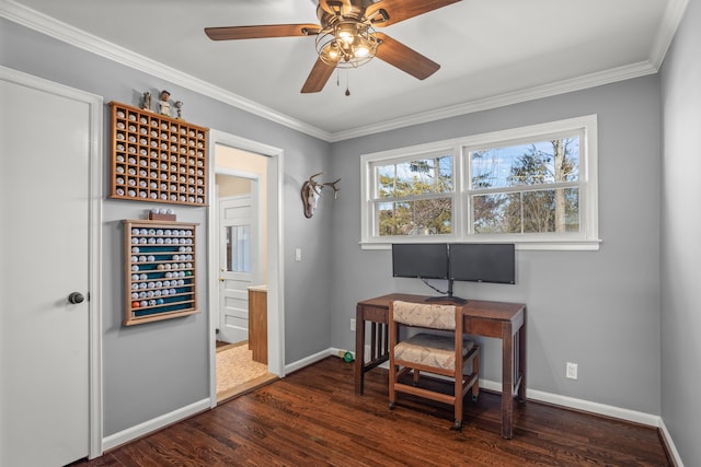 home office with dark wood-style floors, a ceiling fan, baseboards, and ornamental molding