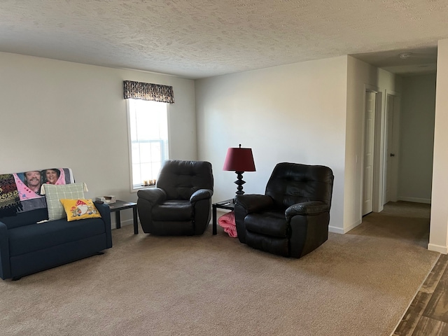 carpeted living area featuring baseboards and a textured ceiling