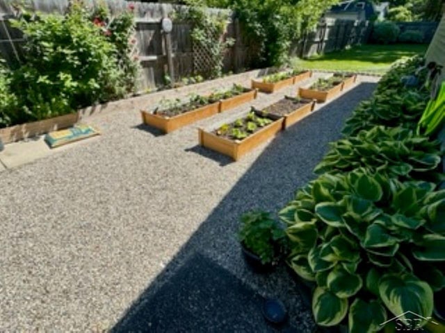 view of yard featuring a vegetable garden and fence