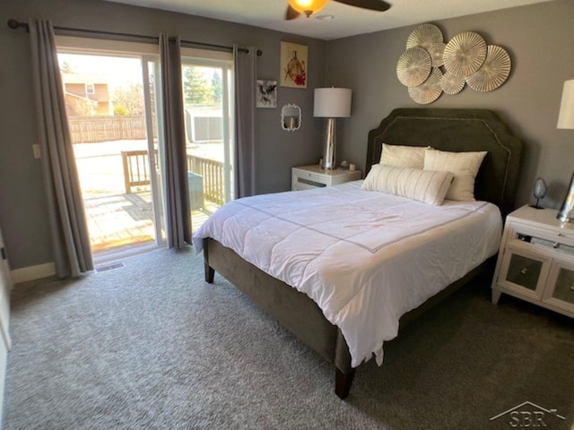 carpeted bedroom with access to exterior and a ceiling fan