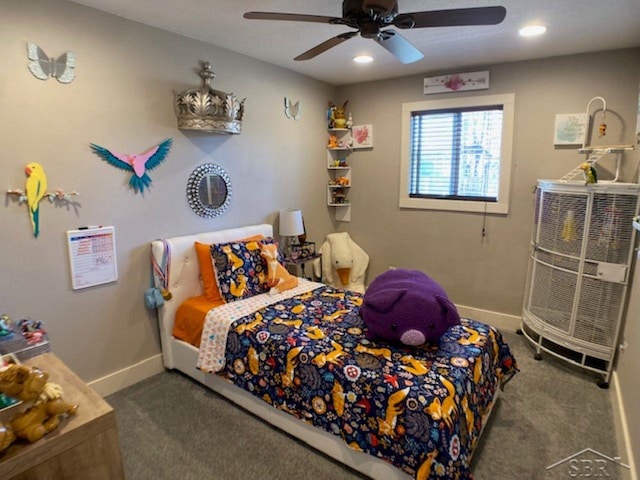 bedroom featuring recessed lighting, baseboards, carpet floors, and a ceiling fan