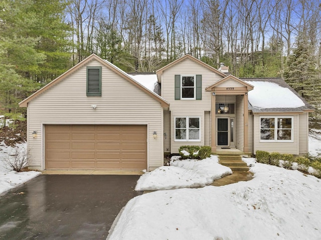 traditional-style home with a garage, driveway, and a chimney