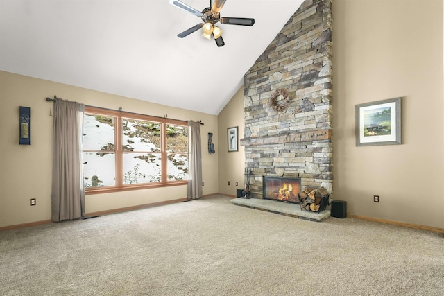 unfurnished living room with a stone fireplace, high vaulted ceiling, carpet, and ceiling fan