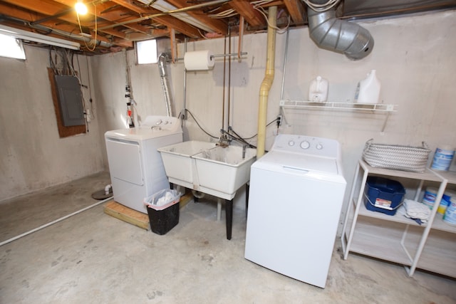 laundry area with electric panel, laundry area, washer and dryer, and a sink