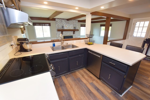 kitchen with electric range, a sink, range hood, a peninsula, and dishwasher