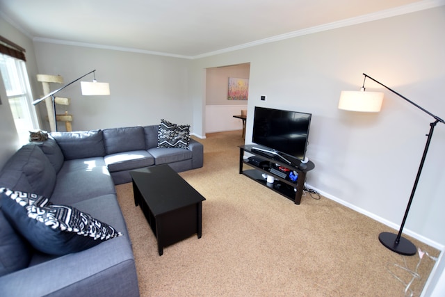 living room with baseboards, carpet floors, and ornamental molding