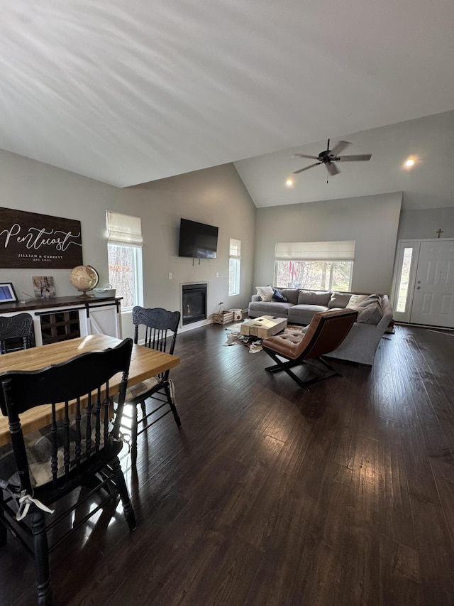 living room featuring a glass covered fireplace, vaulted ceiling, dark wood finished floors, and a wealth of natural light