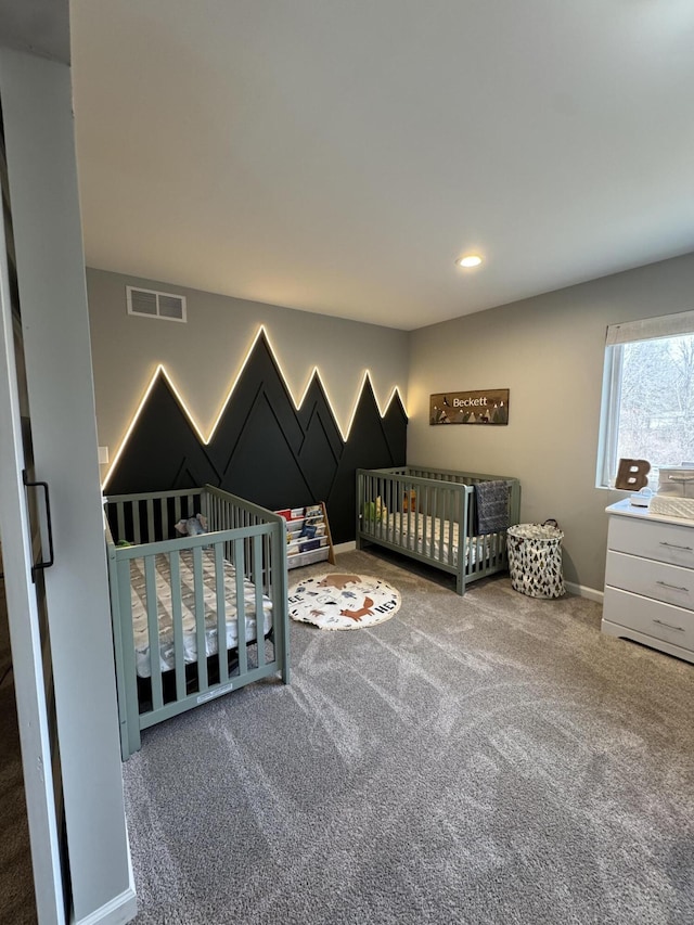 bedroom featuring recessed lighting, visible vents, baseboards, and carpet