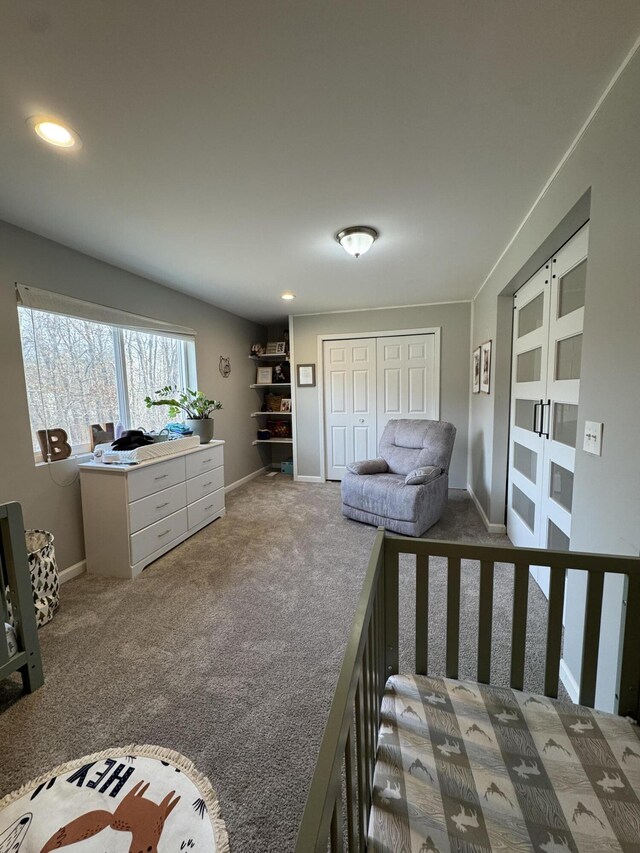 unfurnished bedroom featuring recessed lighting, carpet, and baseboards