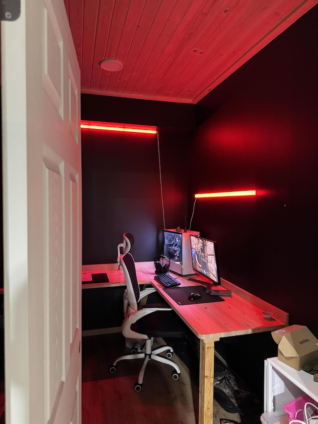 office space featuring wood finished floors and wood ceiling