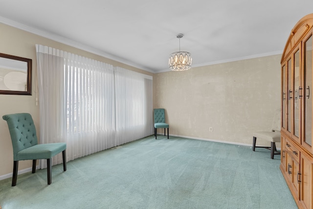 sitting room with crown molding, a notable chandelier, light colored carpet, and baseboards