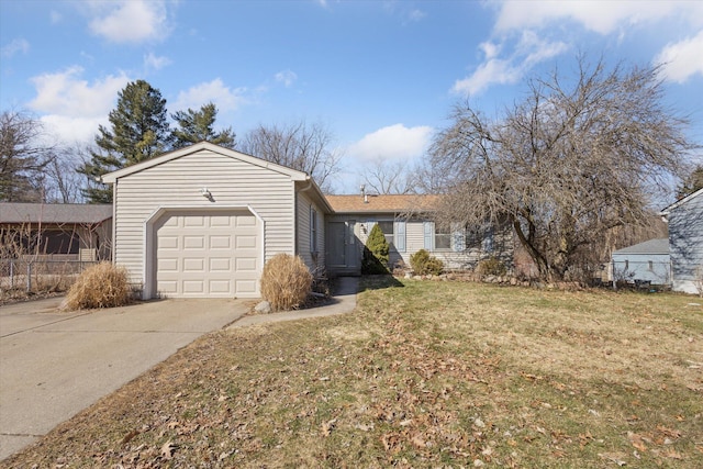 ranch-style home with an attached garage, driveway, and a front lawn