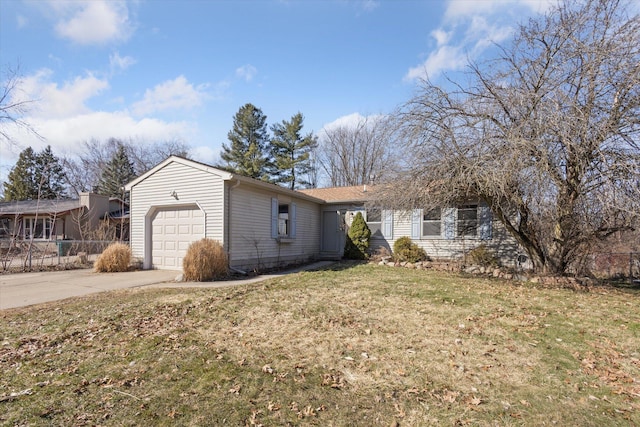 ranch-style house with a garage, concrete driveway, a front lawn, and fence