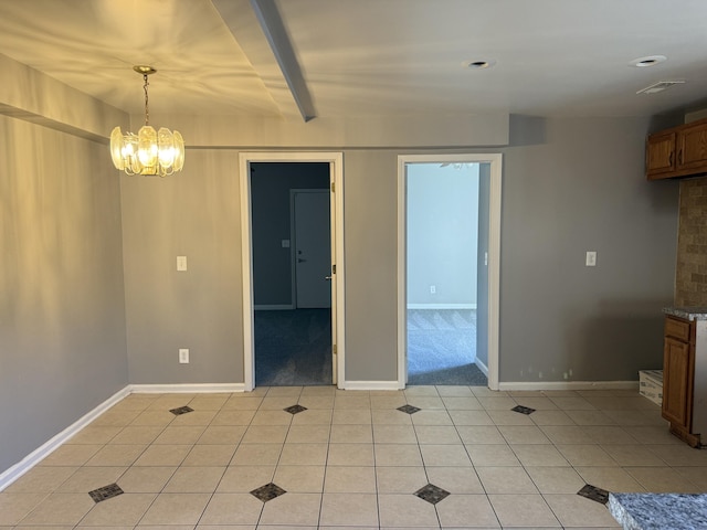 unfurnished dining area featuring beam ceiling, light tile patterned floors, baseboards, and visible vents