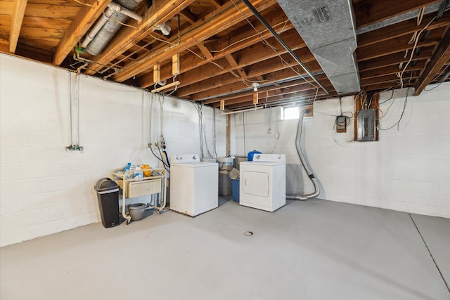 basement with electric panel and washing machine and dryer