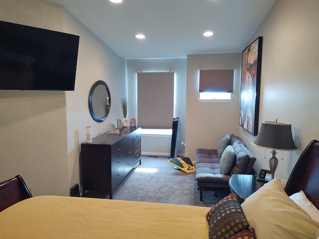 bedroom with recessed lighting, baseboards, and carpet floors