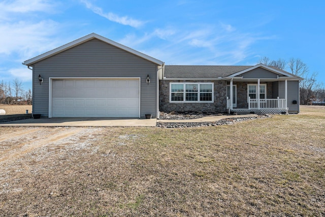 ranch-style house with a front lawn, stone siding, dirt driveway, covered porch, and an attached garage