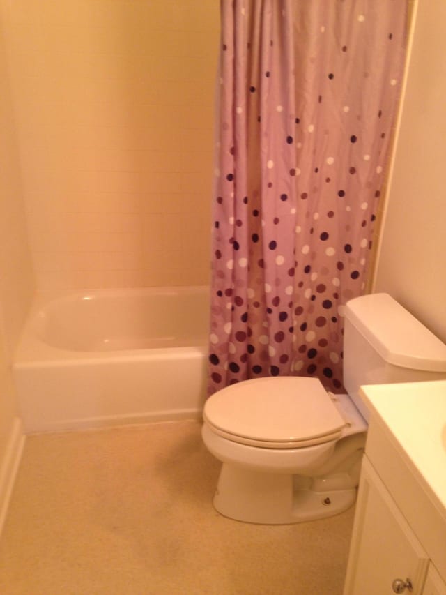 bathroom with toilet, shower / tub combo with curtain, and vanity