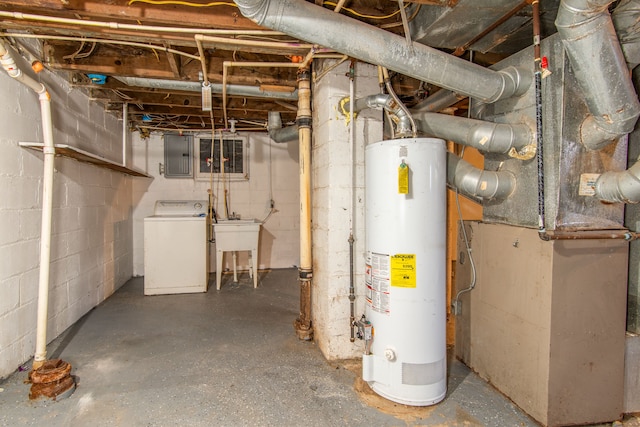 unfinished basement with electric panel, a sink, heating unit, water heater, and washer / dryer