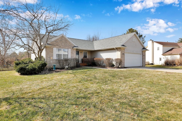 ranch-style house with a front yard, a garage, brick siding, and driveway