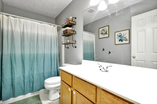 full bath featuring curtained shower, a textured ceiling, toilet, and vanity