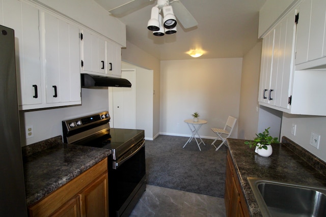 kitchen featuring white cabinetry, dark colored carpet, under cabinet range hood, and stainless steel appliances