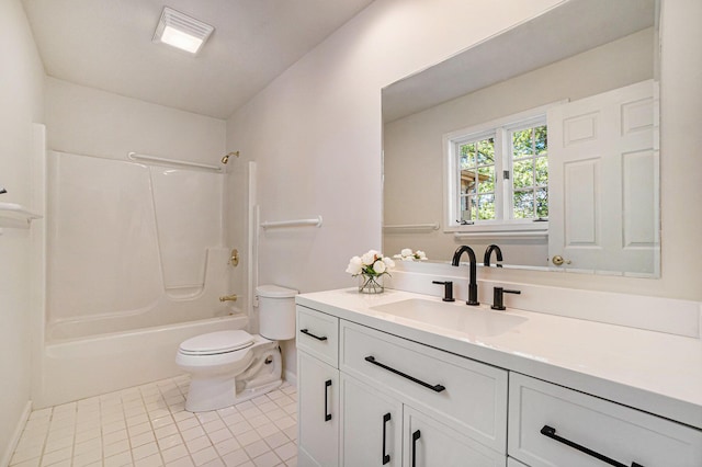 full bathroom with vanity, toilet, washtub / shower combination, and tile patterned flooring