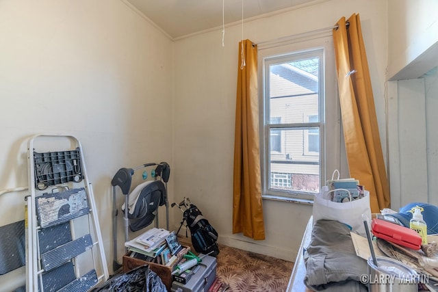 interior space with baseboards and crown molding