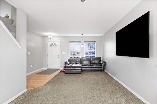 living area with baseboards, carpet, and wood finished floors