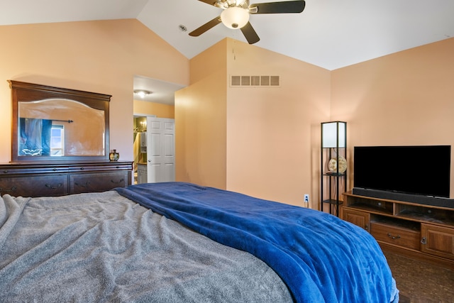 bedroom with visible vents, ceiling fan, and vaulted ceiling