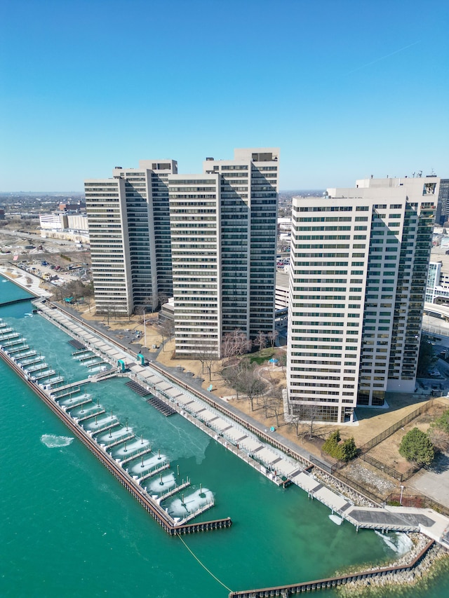 bird's eye view with a city view and a water view