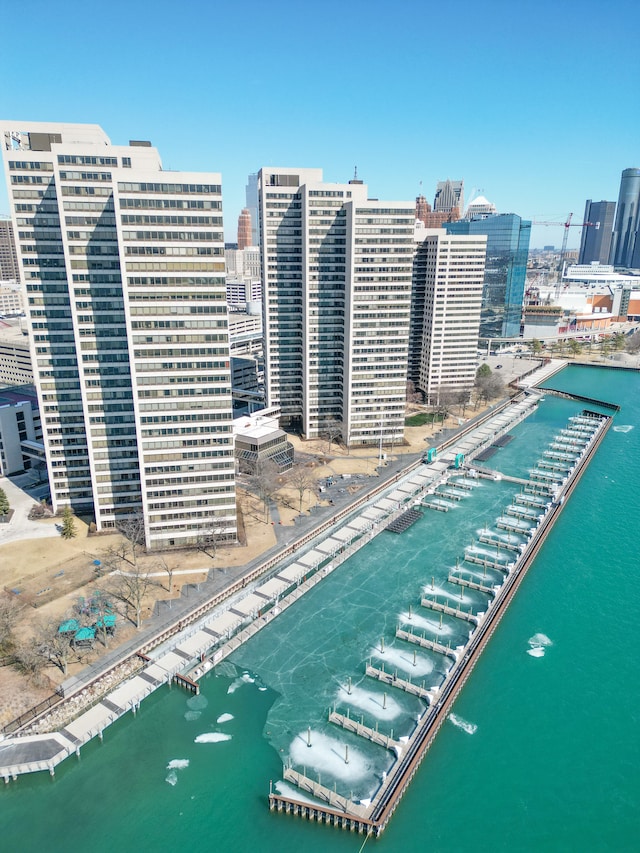 aerial view with a view of city and a water view