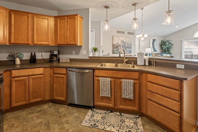 kitchen with visible vents, brown cabinets, a peninsula, stainless steel dishwasher, and a sink