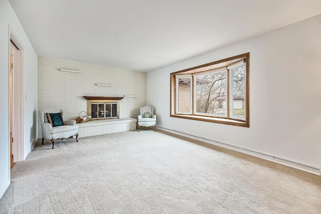 unfurnished room with a brick fireplace and carpet floors