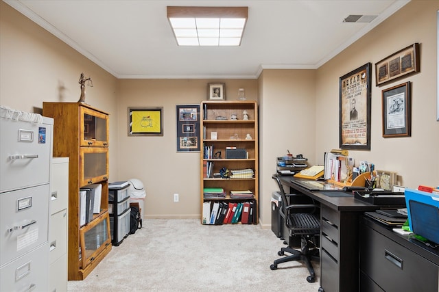 home office featuring visible vents, baseboards, crown molding, and carpet