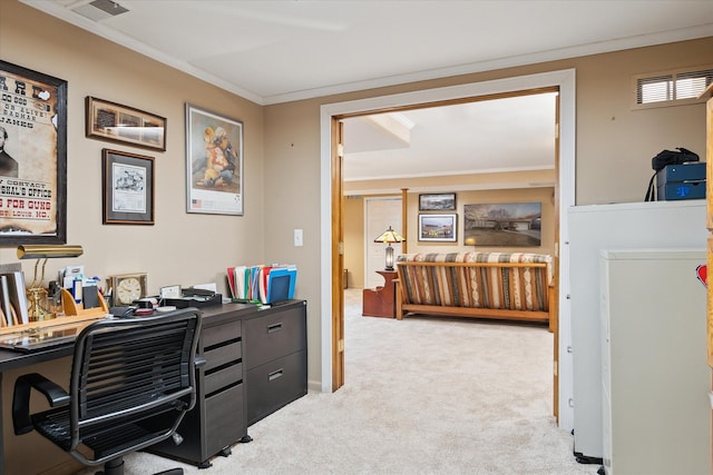 office area with crown molding, light colored carpet, and visible vents