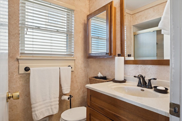 bathroom with a shower stall, toilet, and vanity