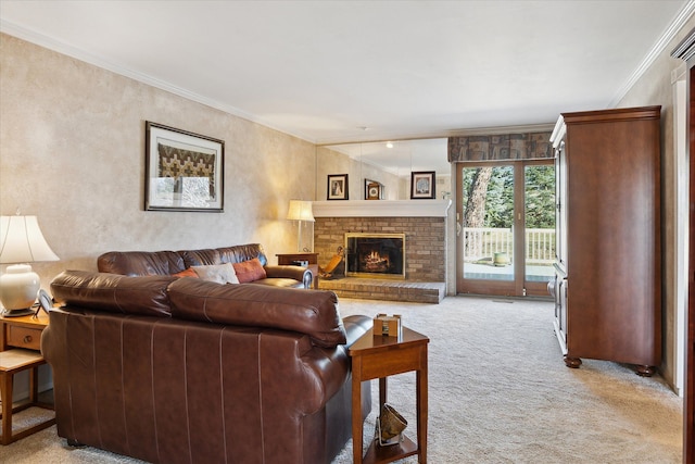 carpeted living room with a fireplace and ornamental molding