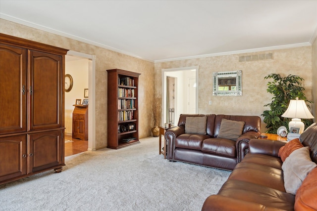 living area with visible vents, light colored carpet, and crown molding