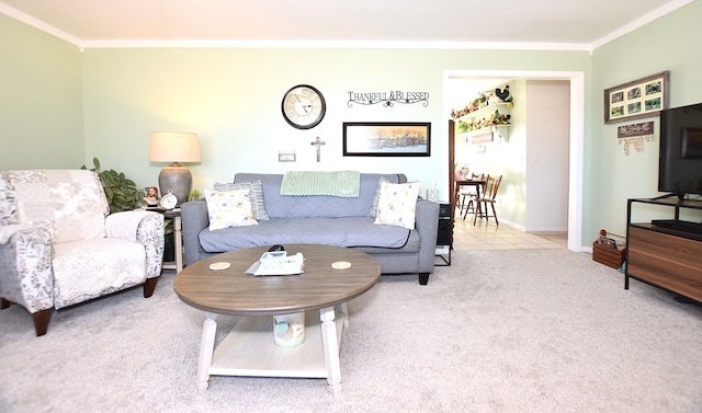 carpeted living area featuring baseboards and ornamental molding