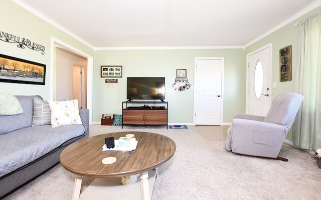 tiled living room with carpet, baseboards, and ornamental molding