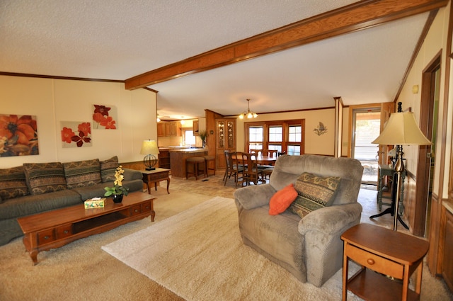 living room with light carpet, a textured ceiling, vaulted ceiling with beams, and crown molding