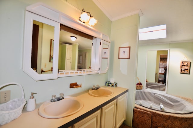 bathroom featuring double vanity, ornamental molding, a garden tub, and a sink