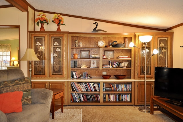 sitting room with ornamental molding, a textured ceiling, carpet, and vaulted ceiling