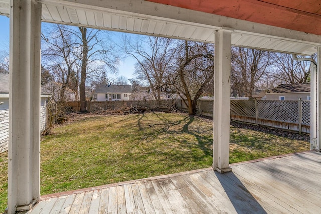 view of yard featuring a fenced backyard and a wooden deck